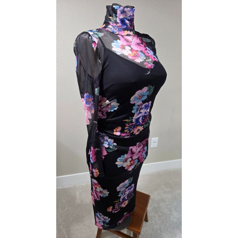 Floral Long-Sleeve Black Mesh Midi Dress With Ruched Design & High Neckline